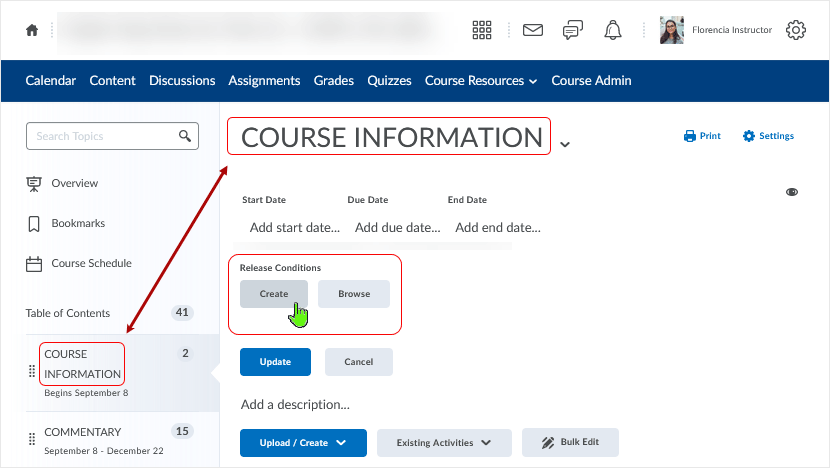 Brightspace screenshot - 20_22_02 - release conditions in the content area - selecting to create a release condition 