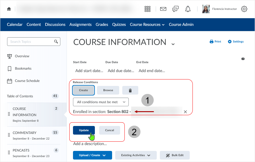 Brightspace screenshot - 20_22_02 - release conditions in the content area - select "Update" to update the content restrictions area