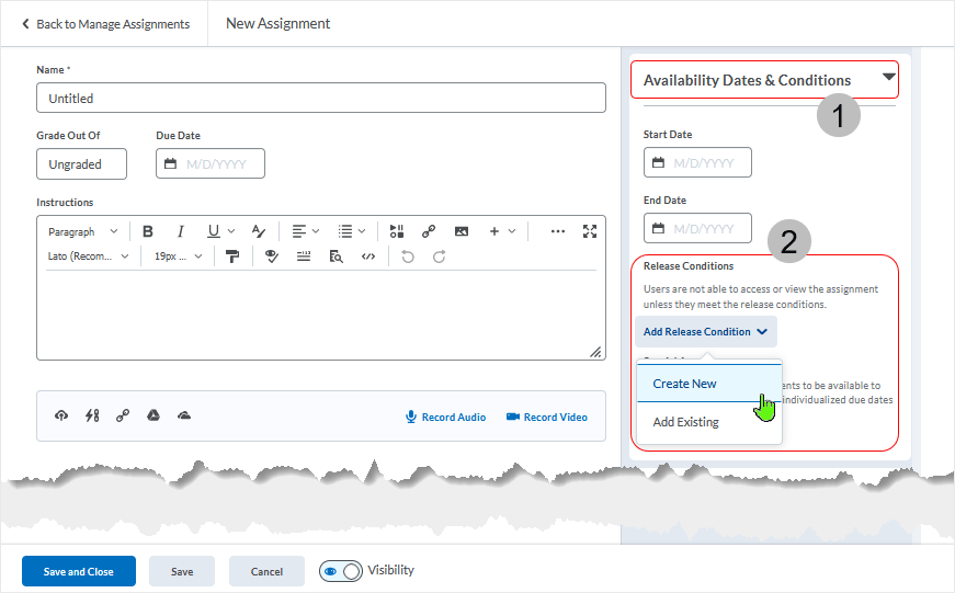 Brightspace screenshot - 20_22_02 - release conditions as accessed from the Assignments area 