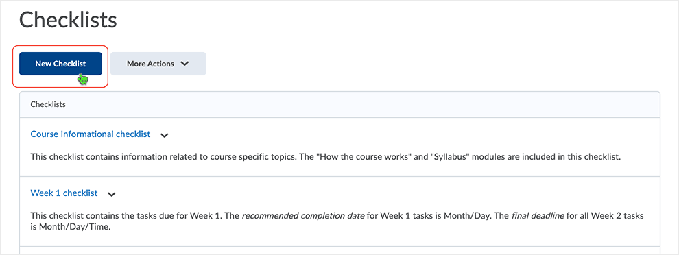 Brightspace screenshot - CD 20_21_01 - create a new checklist