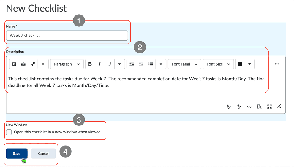 Brightspace screenshot - CD 20_21_01 - enter information related to a new checklist