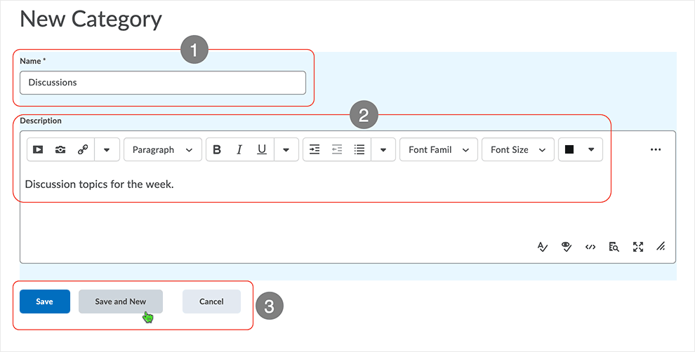 Brightspace screenshot - CD 20_21_01 - creaqte a new category with a name and, optionally, a description