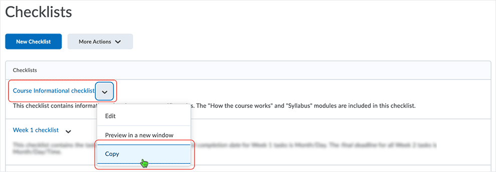 Brightspace screenshot - CD 20_21_01 - select to copy a checklist when in the checklist area