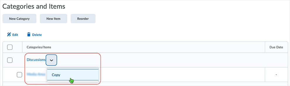 Brightspace screenshot - CD 20_21_01 - selecting to copy a category in a checklist