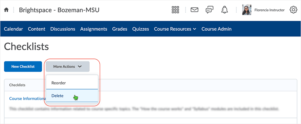 Brightspace screenshot - CD 20_21_01 - select the "More Actions" button asnd select "Delete" from the drop-menu