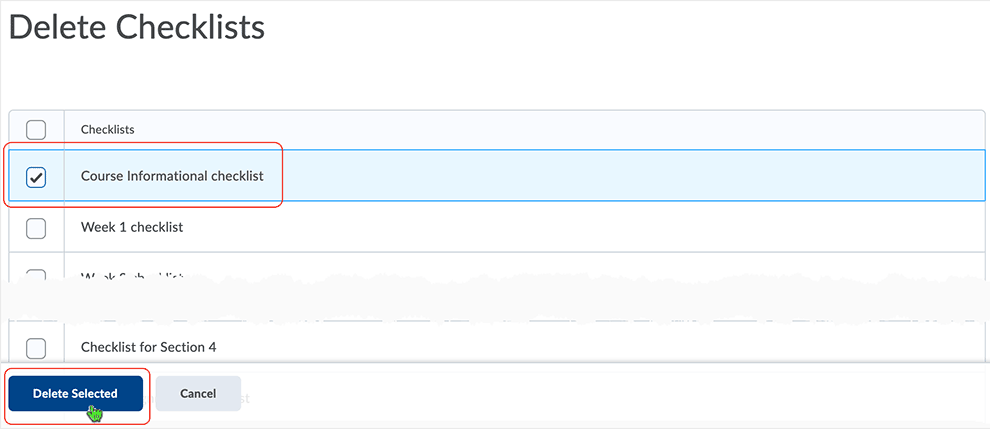 Brightspace screenshot - CD 20_21_01 - select the checkboxes correlating with the checklist(s) to be deleted and then select "Delete Selected"