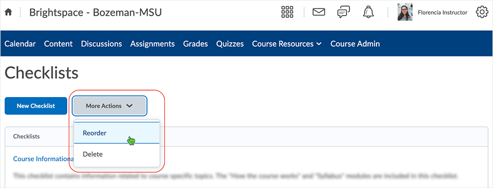 Brightspace screenshot - CD 20_21_01 - select the More Actions button and select "Reorder" from the drop-menu
