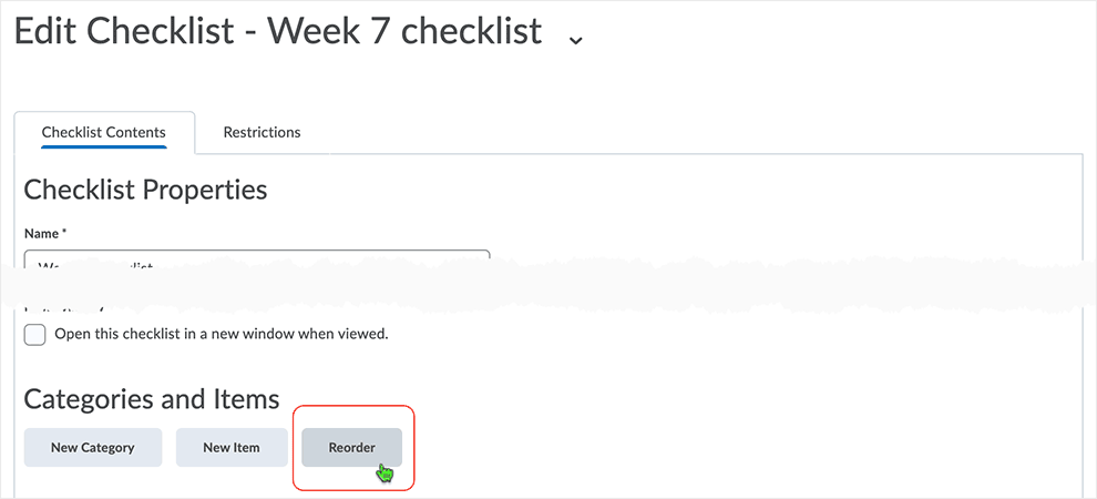 Brightspace screenshot - CD 20_21_01 - when in a checklist, select "Reorder" from the Categories and Items area