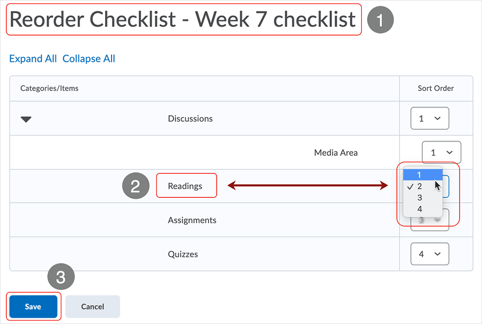 Brightspace screenshot - CD 20_21_01 - use the reorder function to change the order of the items in the list