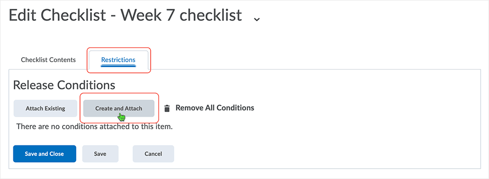 Brightspace screenshot - CD 20_21_01 - with the "Restrictions" tab active, select "Create and Attach" button