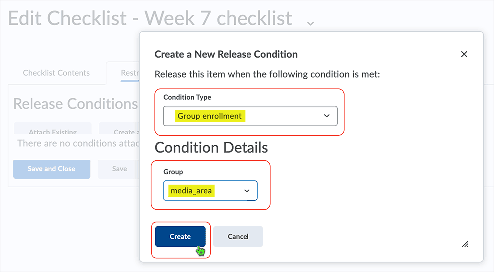 Brightspace screenshot - CD 20_21_01 - select the "create" button to place the conditional release.