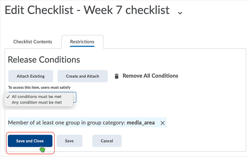 Brightspace screenshot - CD 20_21_01 - select "Save" or "Save and Close" to finish associating the release condtion with the checklist