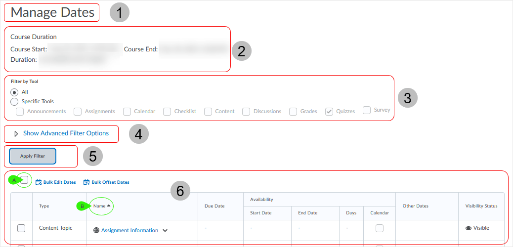 Brightspace screenshot - CD 20_21_09 - shows the basic setup on the Manage Dates area when user initially enters the area