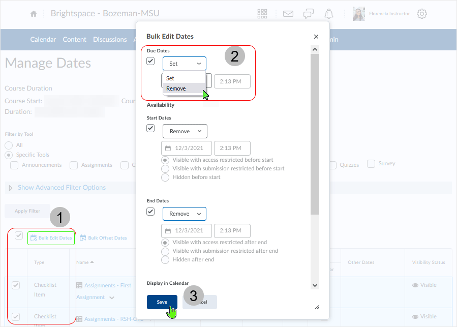 Brightspace screenshot - 20_21_10 - shows "Bulk Edit Dates" dialog box