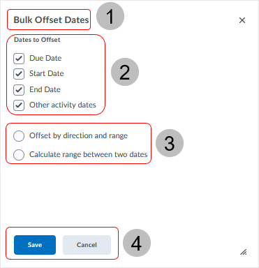 Brightspace screenshot - 20_21_11 - the "Bulk Offset Dates" dialog box displays