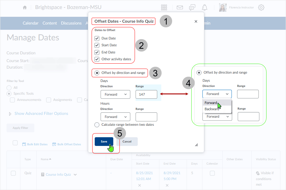 Brightspace screenshot - 20_21_11 - "Offset Dates - XXX" dialog box displays showing 1-5 descriptions