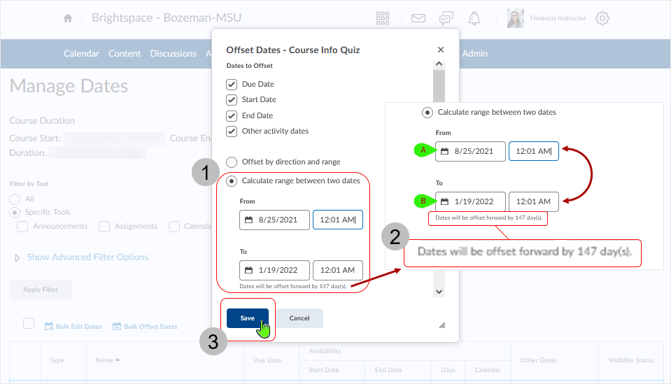 Brightspace screenshot - 20_21_11 - "Offset Dates - XXX" dialog box displays showing 1-3 descriptions