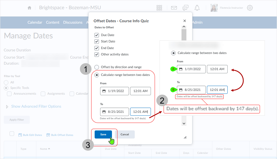 Brightspace screenshot - 20_21_11 - "Offset Dates - XXX" dialog box displays showing 1-3 descriptions