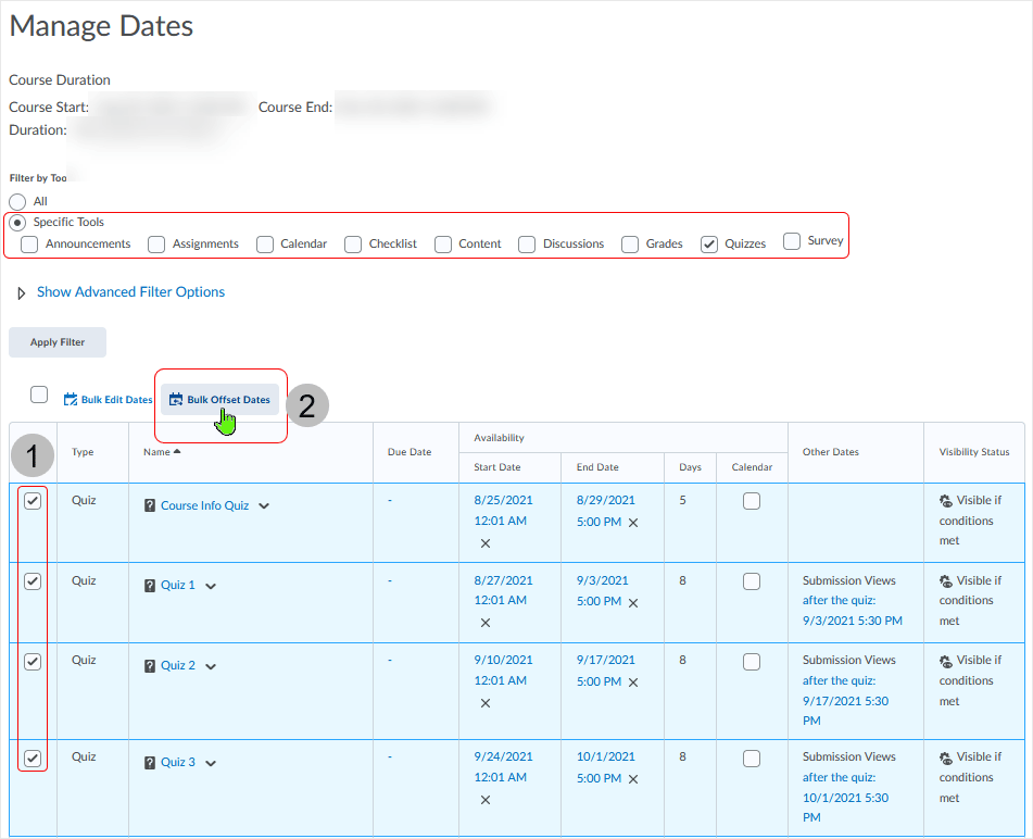 Brightspace screenshot - 20_21_11 - display of multiple objects selected via checkbox and after selection the "Bulk Offset Dates" button is selected