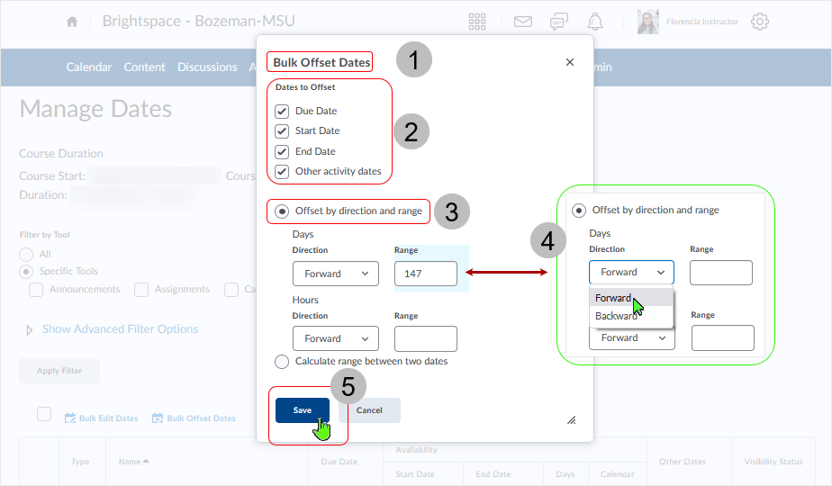 Brightspace screenshot - 20_21_11 - display of "Bulk Offset Dates" dialog box with settings described and saved