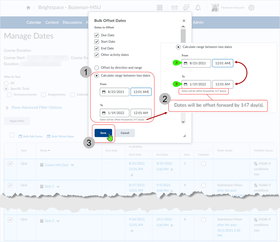 Brightspace screenshot - 20_21_11 - showing the "Dates will be offset forward by X days" method 