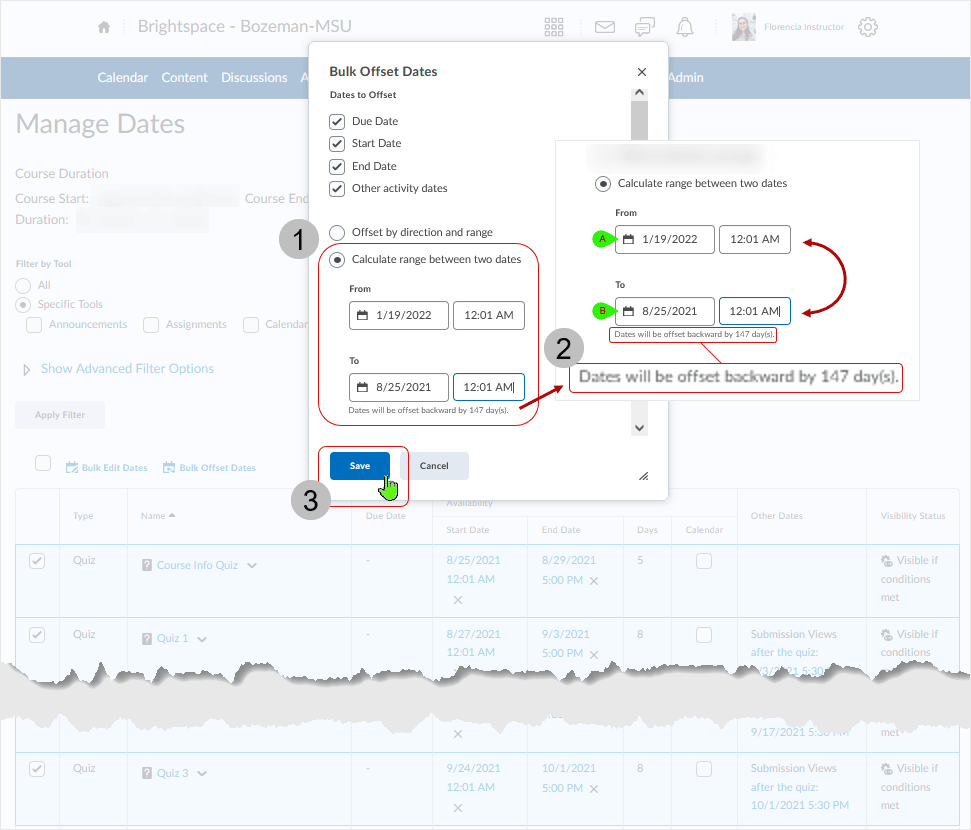 Brightspace screenshot - 20_21_11 - showing the "Dates will be offset backward by X days" method 