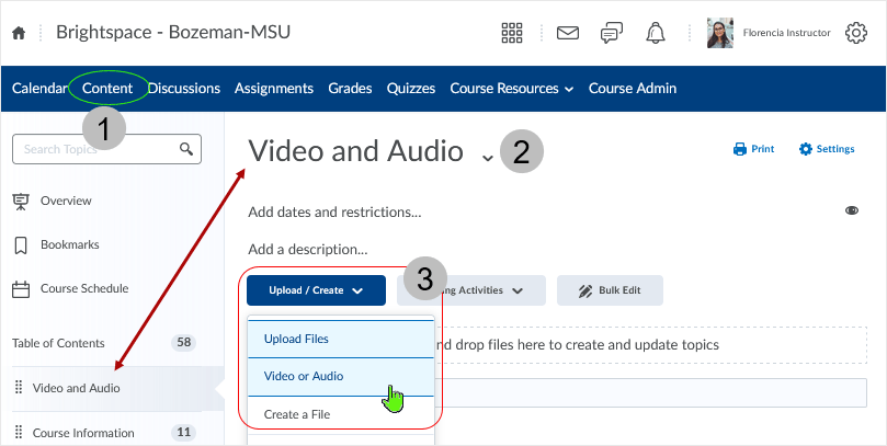 Brightspace screenshot - 20_22_03 - use "Upload/Create" drop menu to select "Video or Audio"