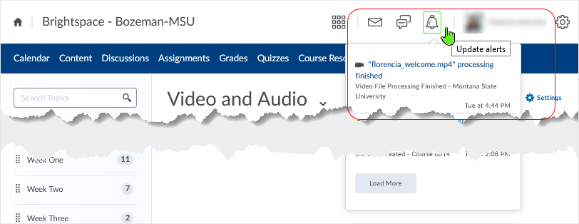 Brightspace screenshot - 20_22_03 - "Update alerts" area indicates when processing has finished for uploaded media content