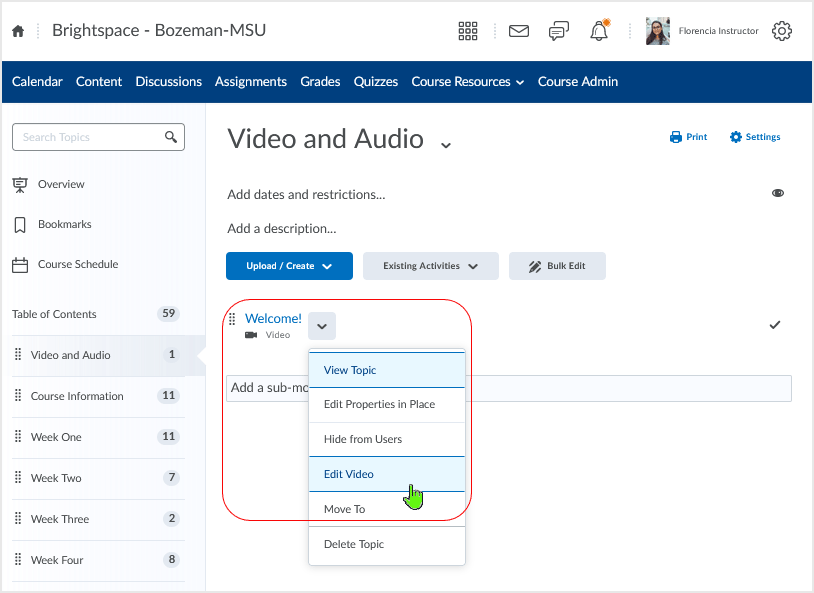 Brightspace screenshot - 20_22_03 - select "Edit Video" from the contextual menu accessed via the action caret associated with the media