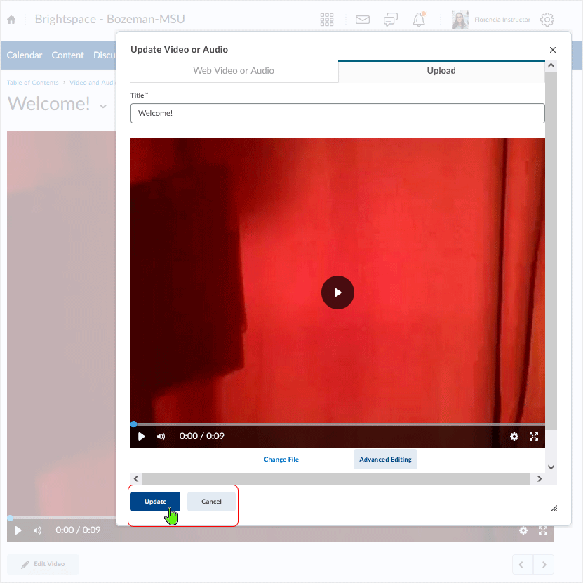 Brightspace screenshot - 20_22_03 - after the "Advanced Editing" page has been dismissed, select "Update" button on the "Update Video or Audio" page so that the changes to the video are applied to the content page