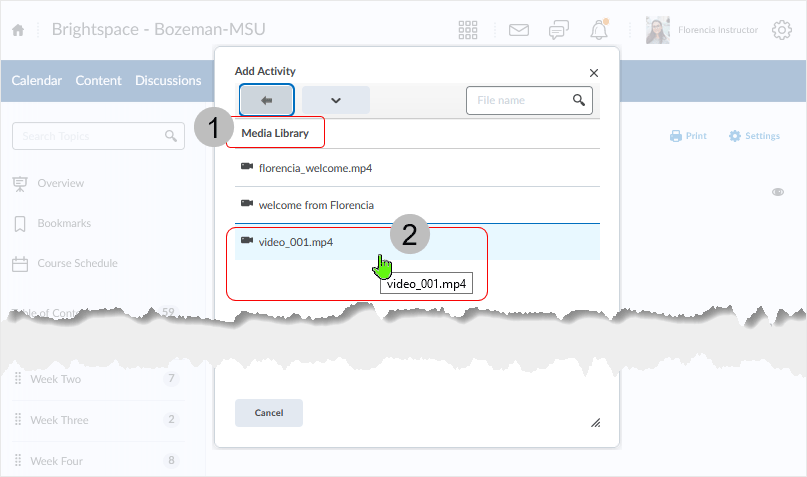 Brightspace screenshot - 20_22_03 - select a media file from the "Media Library" drop list