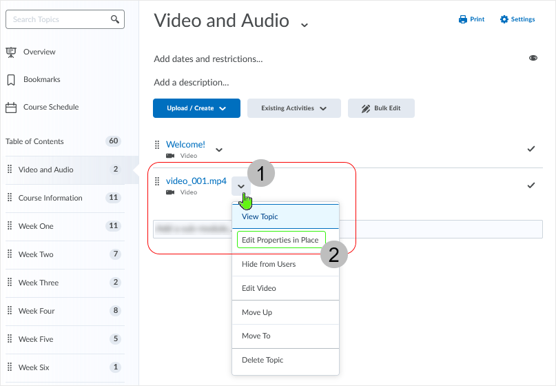 Brightspace screenshot - 20_22_03 - adjust the topic by selecting the action caret to access the contextual menu