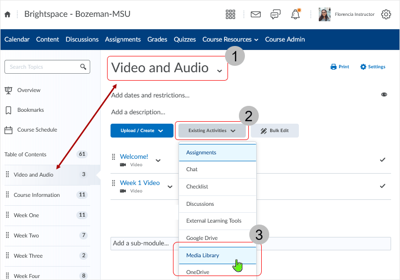 Brightspace screenshot - 20_22_03 - selecting "Existing Activities > Media Library" in a module