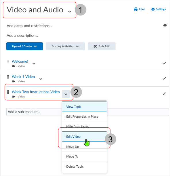 Brightspace screenshot - 20_22_03 - select to "Edit Video" from the contextual drop menu