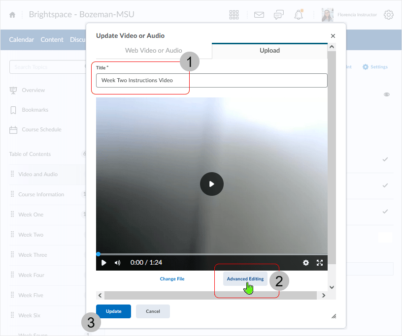 Brightspace screenshot - 20_22_03 - selecting the "Advanced Editing" button from the "Update Video or Audio" dialog box