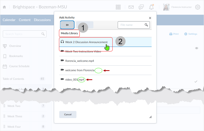 Brightspace screenshot - 20_22_03 - selecting an audio file from the "Media Library" dialog box