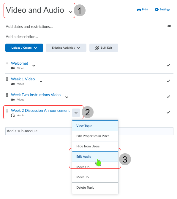Brightspace screenshot - 20_22_03 - selecting to "Edit Audio" from the contextual menu of the audio topic 