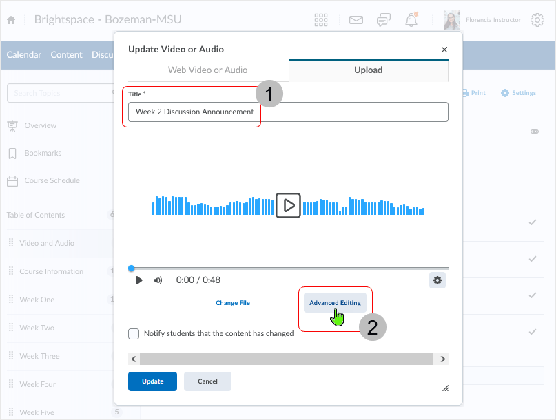 Brightspace screenshot - 20_22_03 - selecting "Advanced Editing" button from the "Update Video or Audio" dialog box