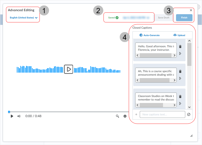 Brightspace screenshot - 20_22_03 - showing the "Closed Captions" editing options from the "Advanced Editing" dialog box related to the audio topic