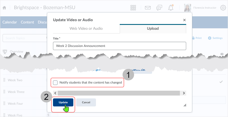 Brightspace screenshot - 20_22_03 - selection of the "Update" button if changes have been made related to the audio file while working in the "Update Video or Audio" dialog box