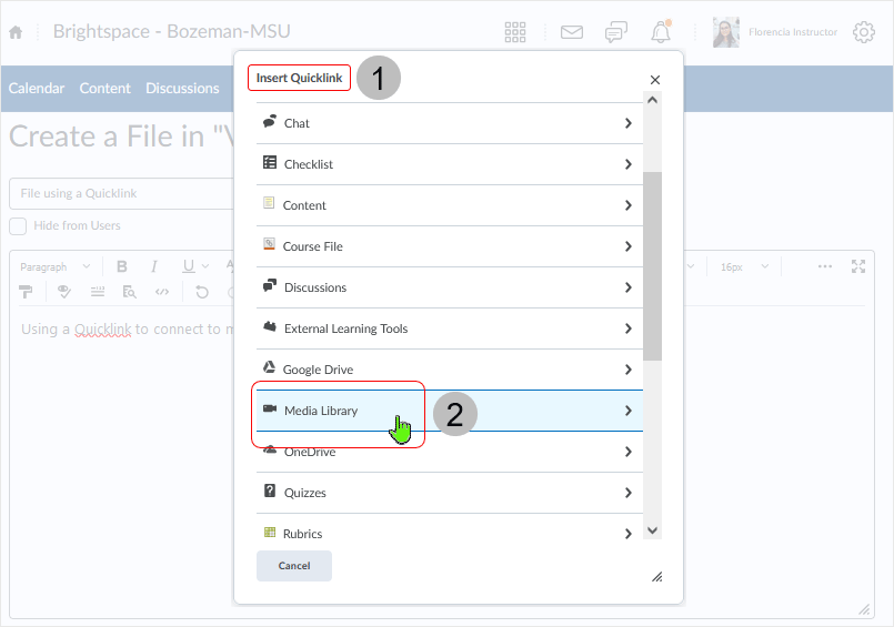Brightspace screenshot - 20_22_03 - select "Media Library" from the "Insert Quicklink" dialog box