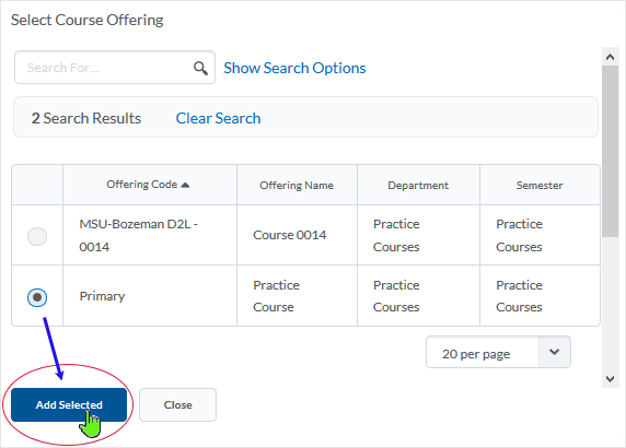 D2L 20.19.06 screenshot - select the radio button associated with the course and then Add Selected button