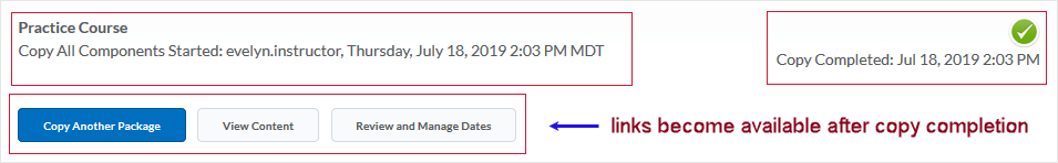 D2L 20.19.06 screenshot - icon indicating completion and time stamp appear