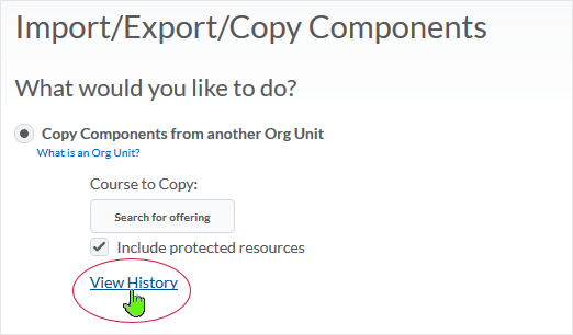 D2L 20.19.06 screenshot - selecting View History link