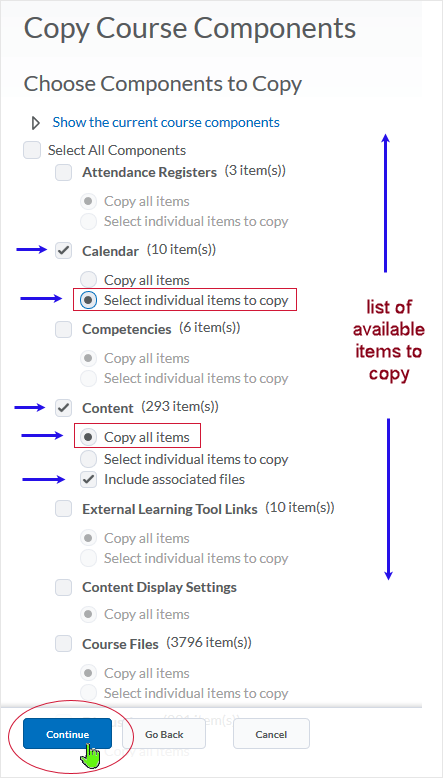 D2L 20.19.06 screenshot - selecting individual components for copy into a course during a copy org-to-org procedure