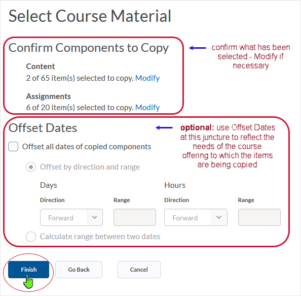 D2L 20.19.08 screenshot - confirm and offset dates display - select "Finish" to complete the job