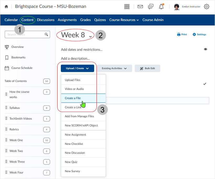 D2L CD 20.21.9 screenshot - selecting "Create a file" from the Content area