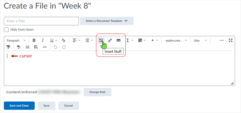 D2L CD 20.21.9 screenshot - selecting the "Insert Stuff" icon when in the HTML Editor