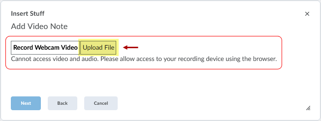 D2L CD 20.21.9 screenshot - warning statement "Cannot Access video and audio. Please allow access to your recording device using the browser."