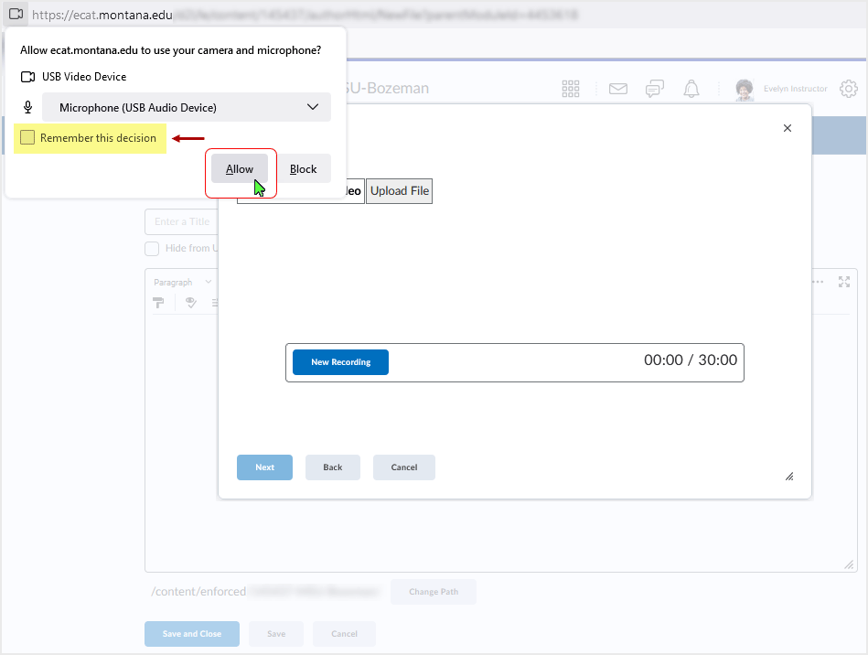 D2L CD 20.21.9 screenshot - browser query regarding media - select "Allow" to connect